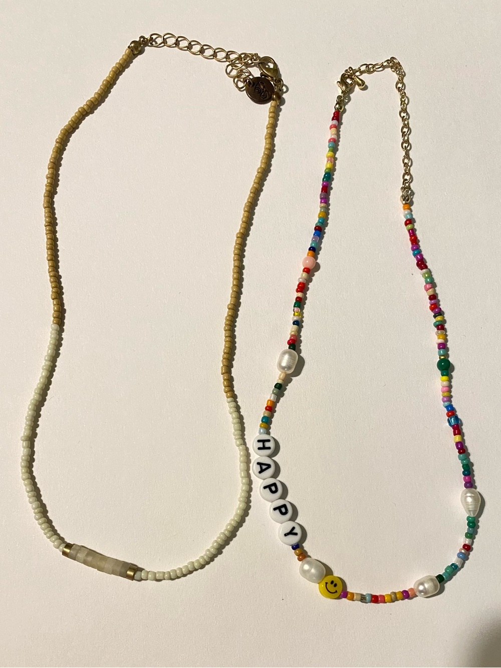 Beaded 'HAPPY' Multicolor Necklace and Tan Necklace- Fun Statement Jewelry